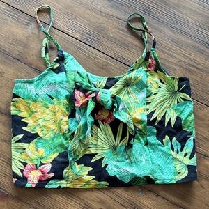 Nicole Miller Green & Black Tropical Shirred Top